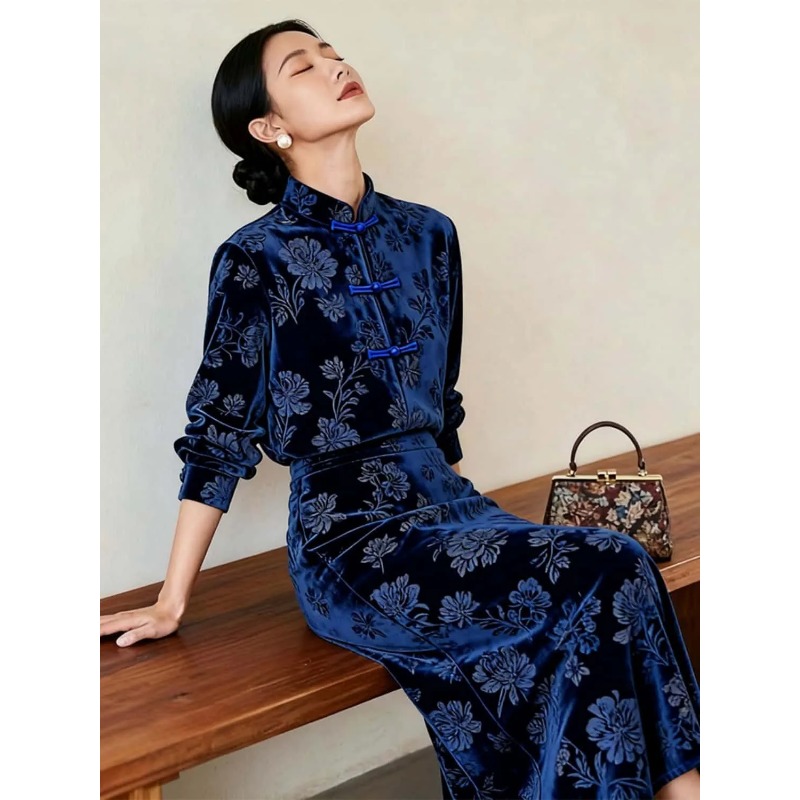 Women New Chinese Style Velvet - огляд і ціна Midi Skirt Floral