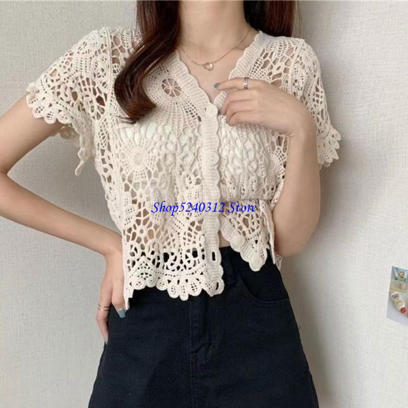 634C Women French Short Sleeve - огляд і ціна Crop Top Crochet
