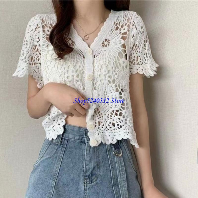 634C Women French Short Sleeve - огляд і ціна Crop Top Crochet