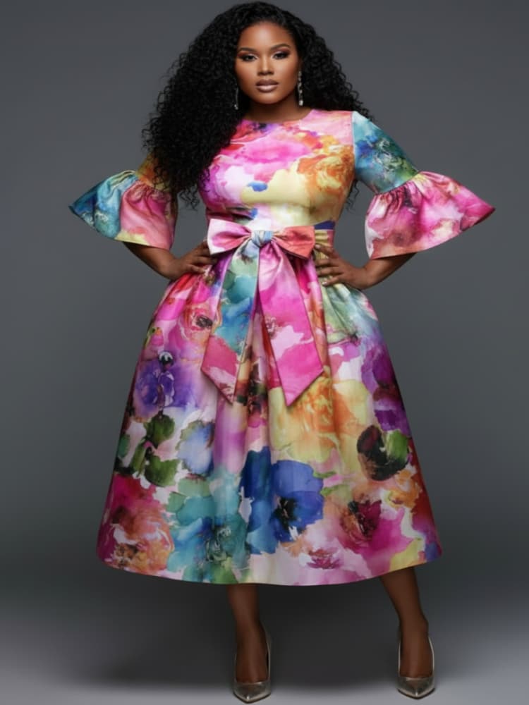 Plus Size Round Neck Flare Sle - огляд і ціна Midi Skirt Floral