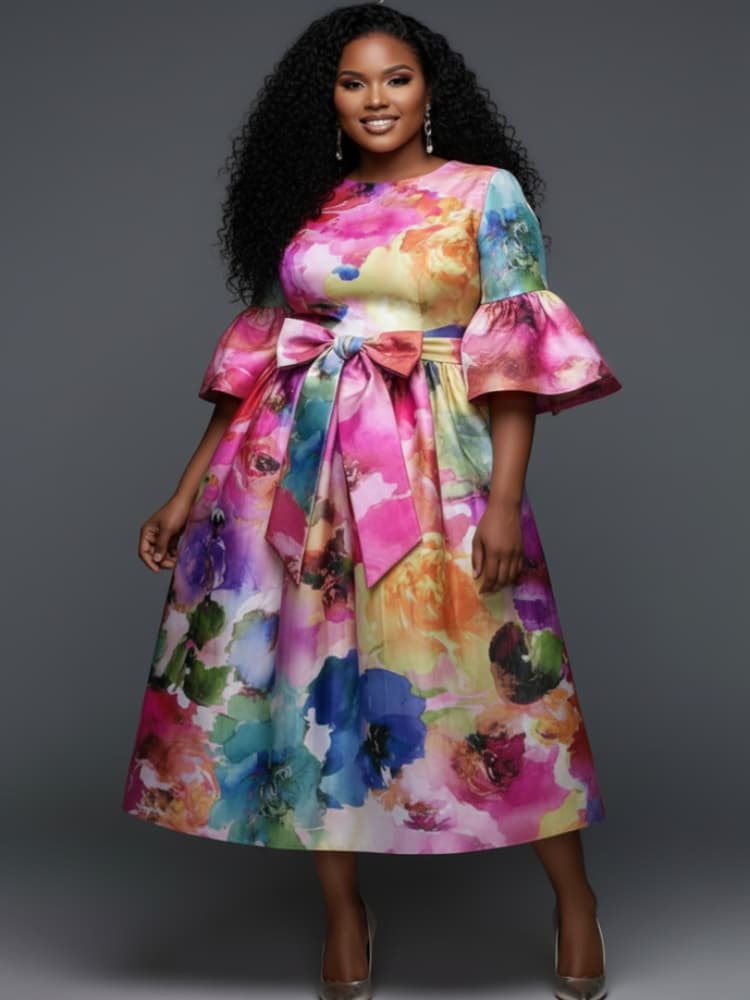 Plus Size Round Neck Flare Sle - огляд і ціна Midi Skirt Floral