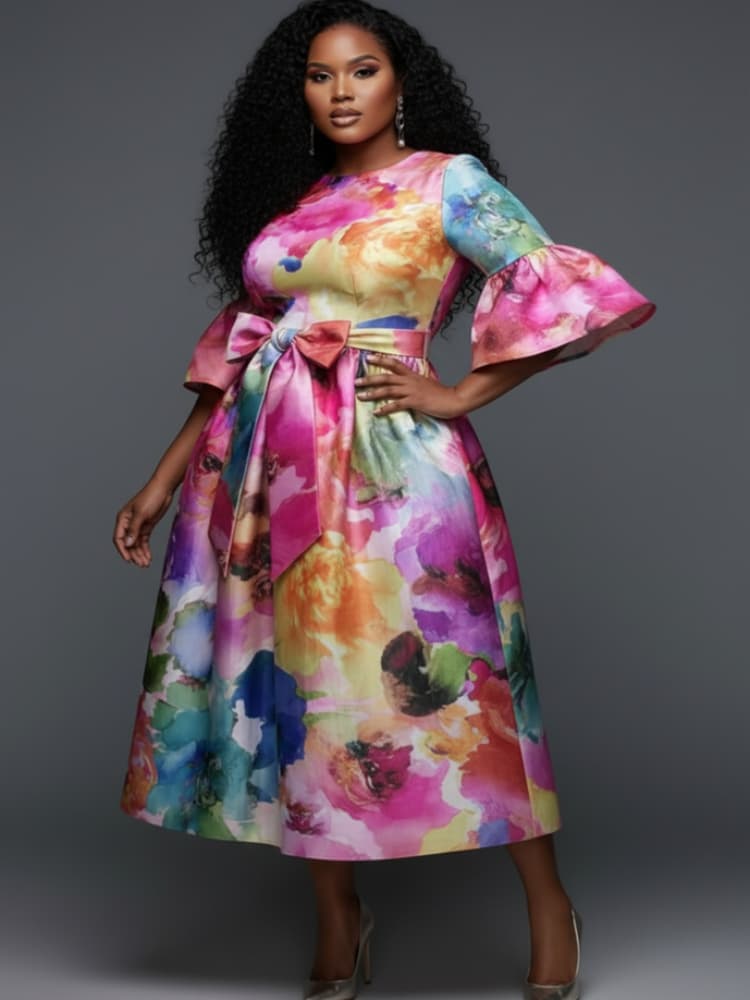 Plus Size Round Neck Flare Sle - огляд і ціна Midi Skirt Floral