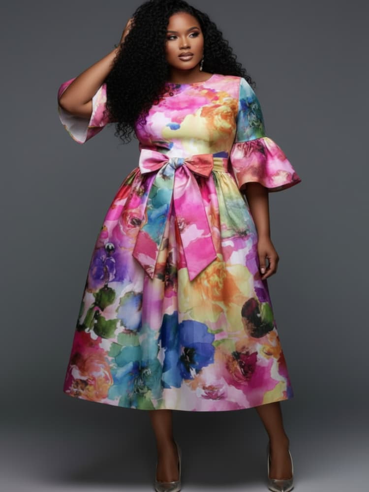 Plus Size Round Neck Flare Sle - огляд і ціна Midi Skirt Floral