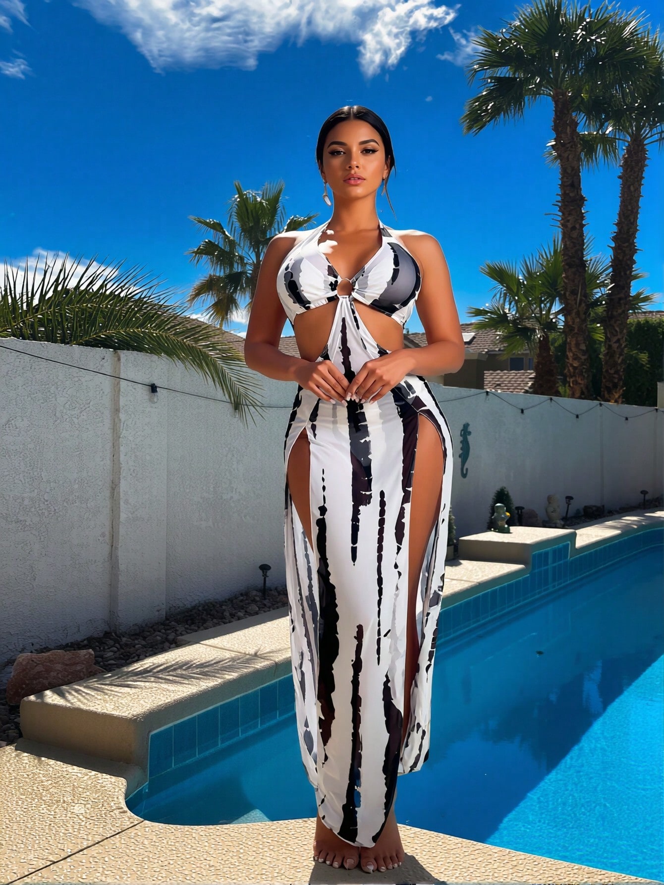 New Black White Tie Dye 3 Piec - огляд і ціна Maxi Dress Halter